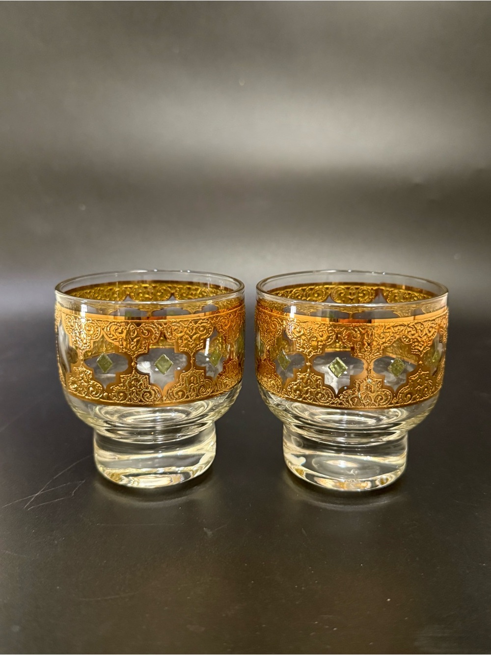Pair Vintage MCM CULVER Valencia 22K Gold Filigree Diamond Footed Rock Glasses